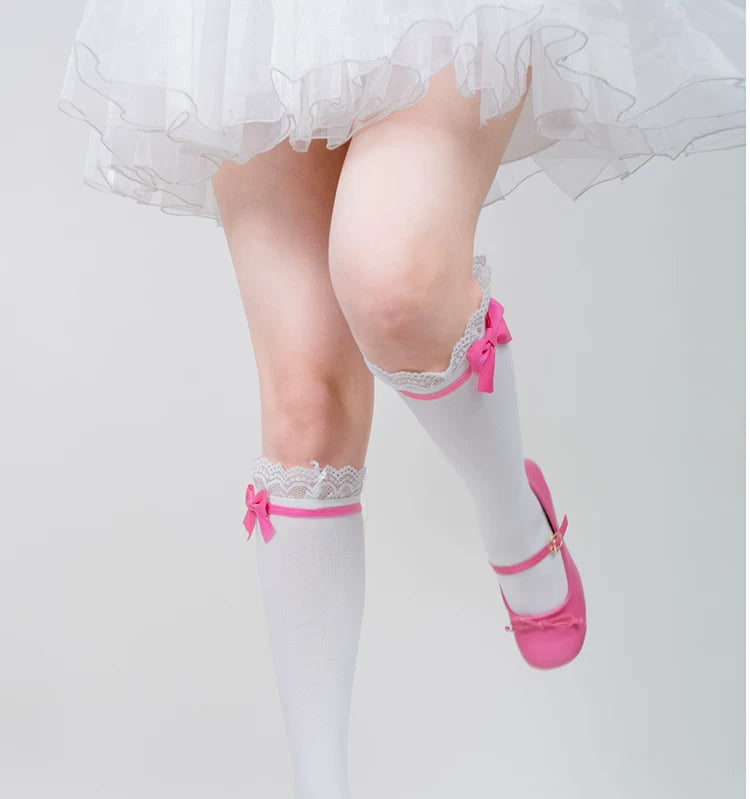 roji roji - Doll Bow Lace - Black or Pink Lace-Trimmed Socks in Three Lengths