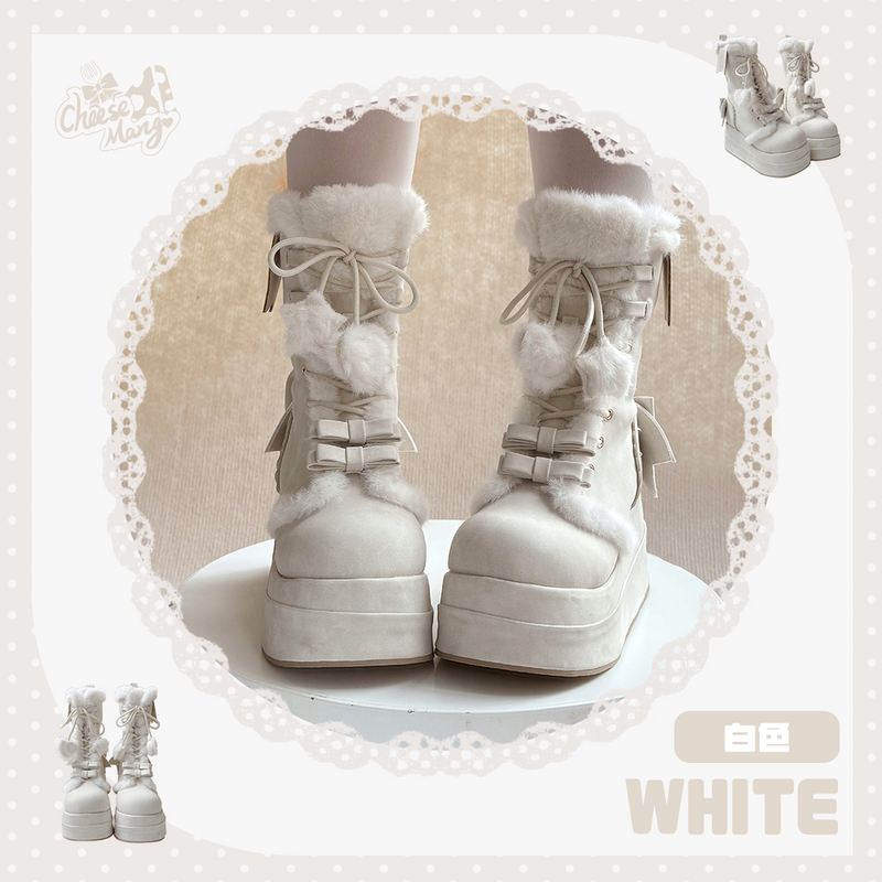 Cheese Mango Tales Fluffy Snow Bunny Heeled Platform Boots — White 8cm