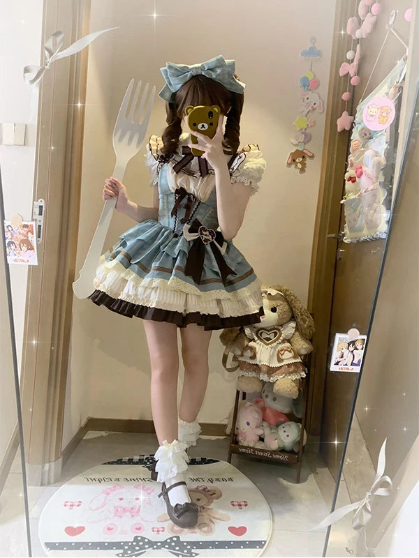 Creamy - Mint Chocolate - JSK dress set with a short-sleeve shirt, waist bow and KC headpiece