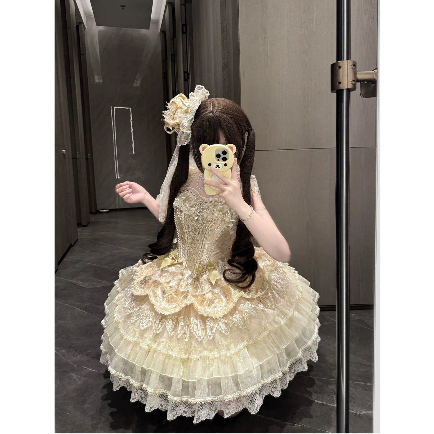 Creamy - Golden Ballet - Gold JSK with layered lace ruffles and ribbon bows