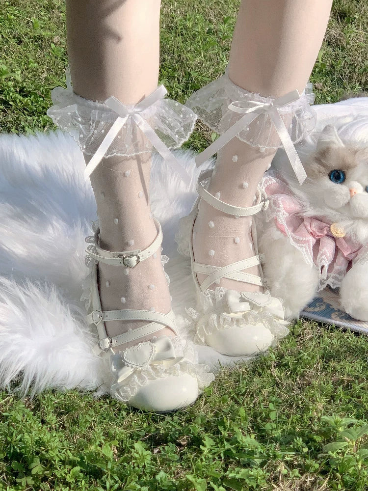 Fantasy Doll - Lace Bow - White or Black Mid-Calf Socks