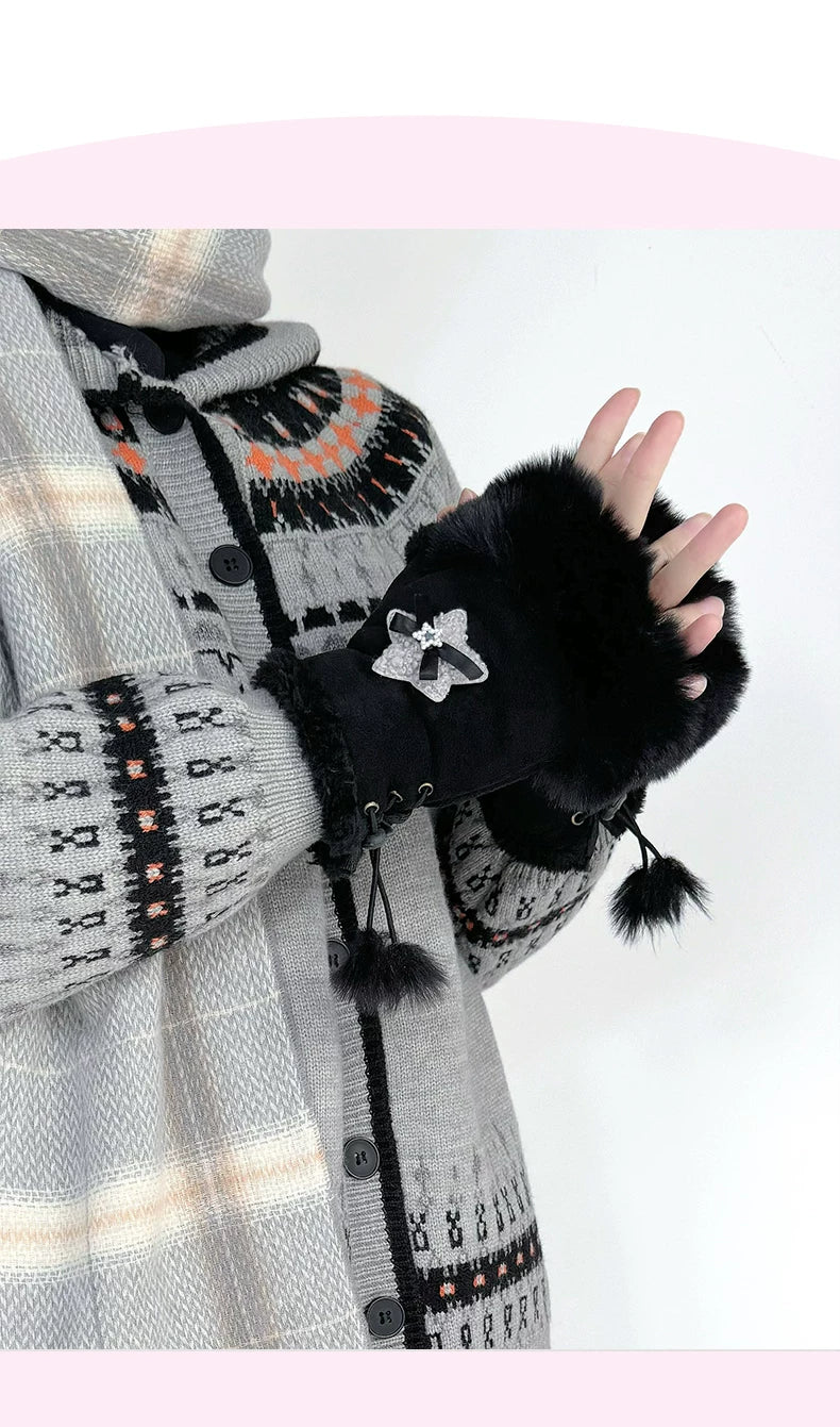 Black and dark brown fingerless gloves with plush cuffs, bows and star appliques.