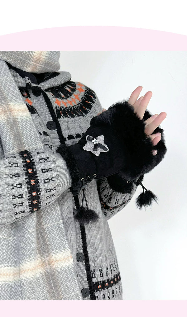 Black and dark brown fingerless gloves with plush cuffs, bows and star appliques.