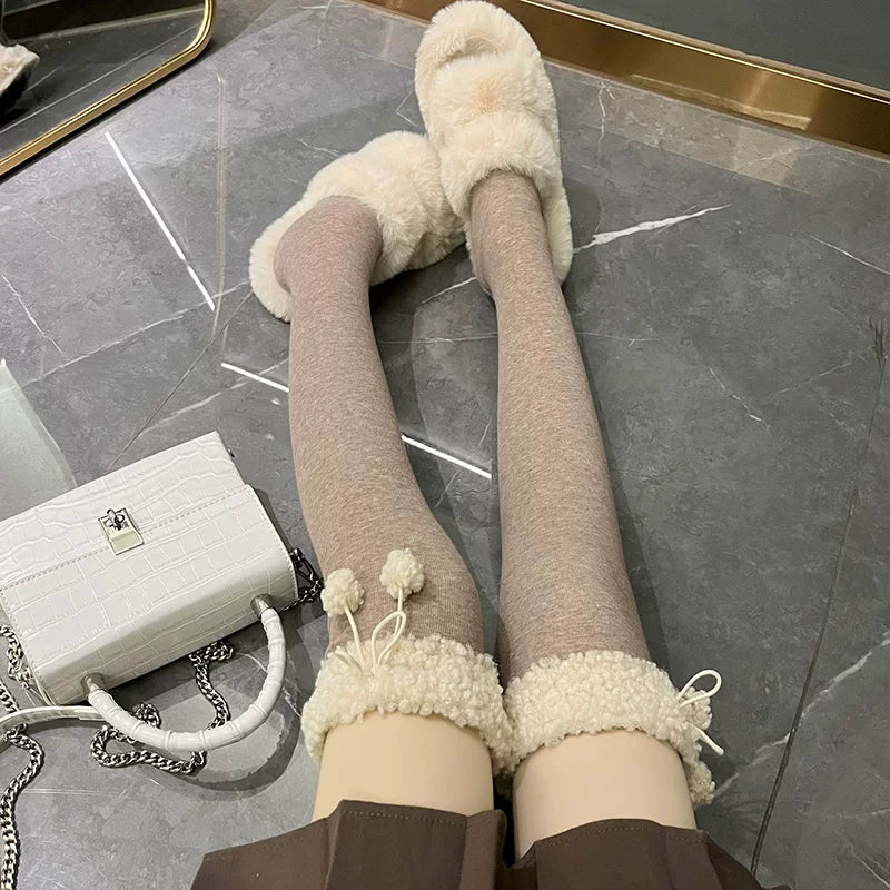Floral Milk Cat - Winter Pom-Pom - Plush-Trim Thigh-High Socks with Pom-Pom Details