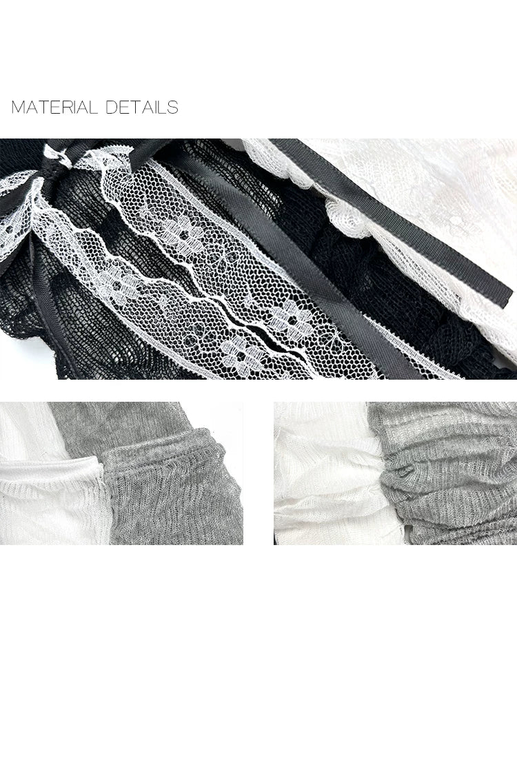White Socks - Summer JK Stripe - Thin Footed Slouch Socks with Vertical Stripes and Bow Ties
