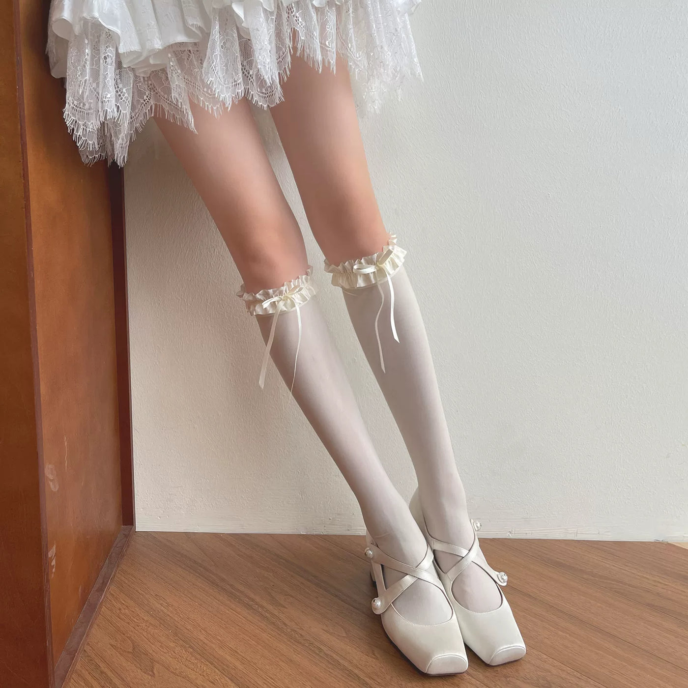 Sock Noble - Gray Ruffle - Velvet Slouch Socks with Bow-Tied Ruffle Cuffs