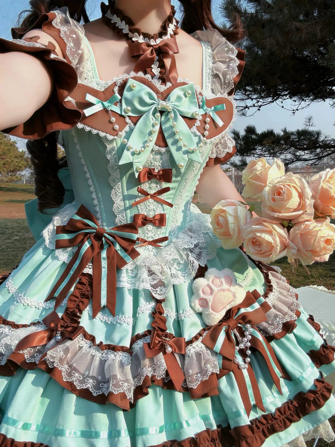 Creamy - Mint Chocolate - Mint JSK Set with Brown Bows and Lace Trim