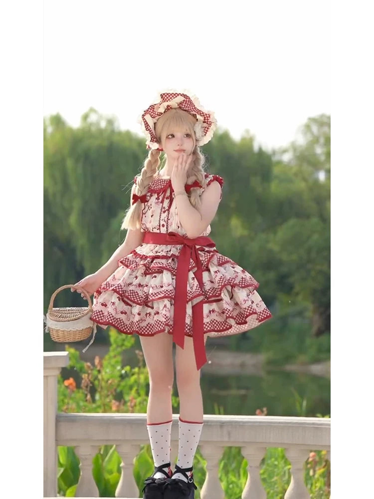 Dream Bunny - The Cherries Are Ripe - Cherry-Print Lolita Fashion Set with Gingham Ruffles