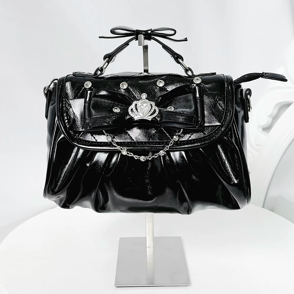 Small Black Transfer Student Lolita Coronation shoulder bag with rhinestone and lace details