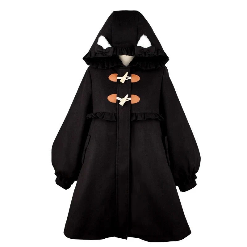 Black cat-ear Lolita coat with ruffled hood