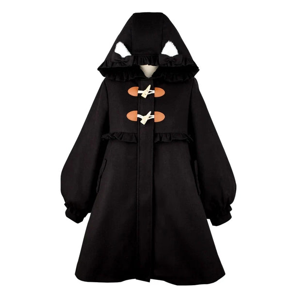 Black cat-ear Lolita coat with ruffled hood