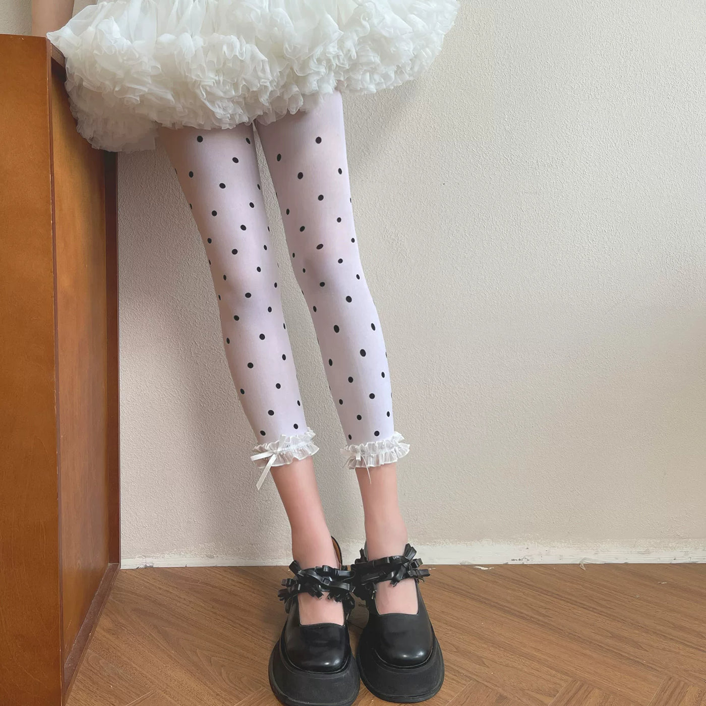 Sock Noble - Vintage Polka Dot - White Tights with Lace Ruffle Cuffs