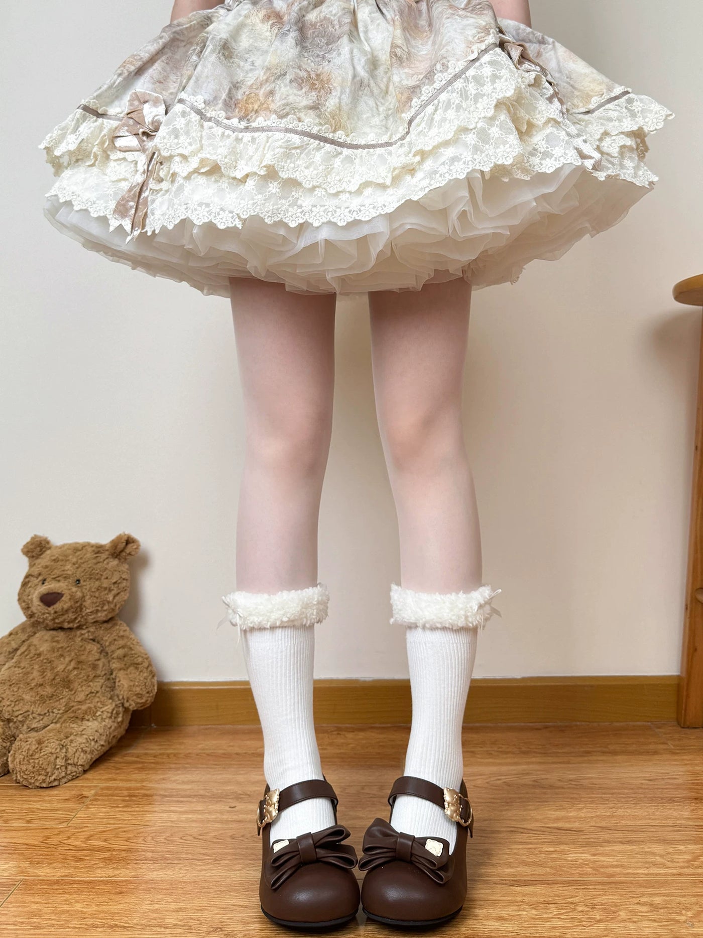 Chubby Bear Tales - Fluffy Winter - Mid-Calf Scrunch Socks with Pom-Pom or Bow Cuffs