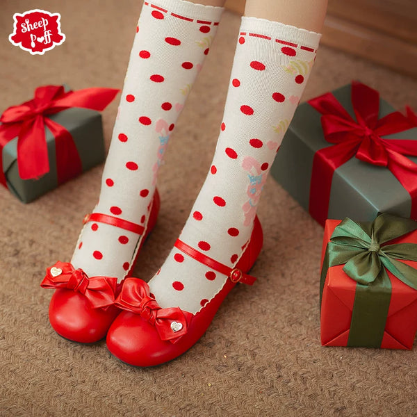 Sheep Puff Valentine Rounded Bow Mary Jane Shoes featuring cute sheep puff details and a rounded bow on stylish footwear.