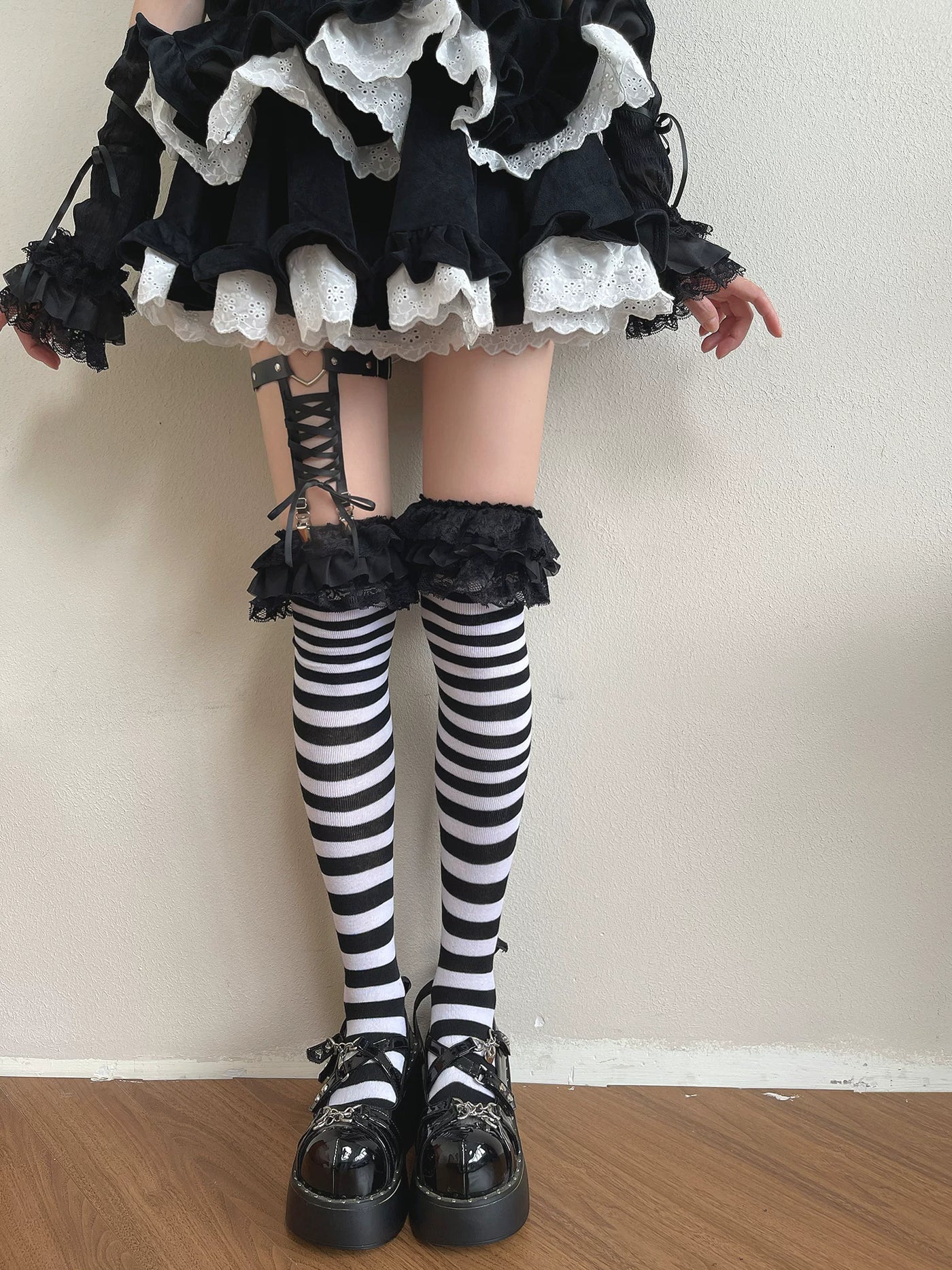 Sock Noble - Gothic Stripe - Black-and-White Over-the-knee Socks with a Clip Ring Variant