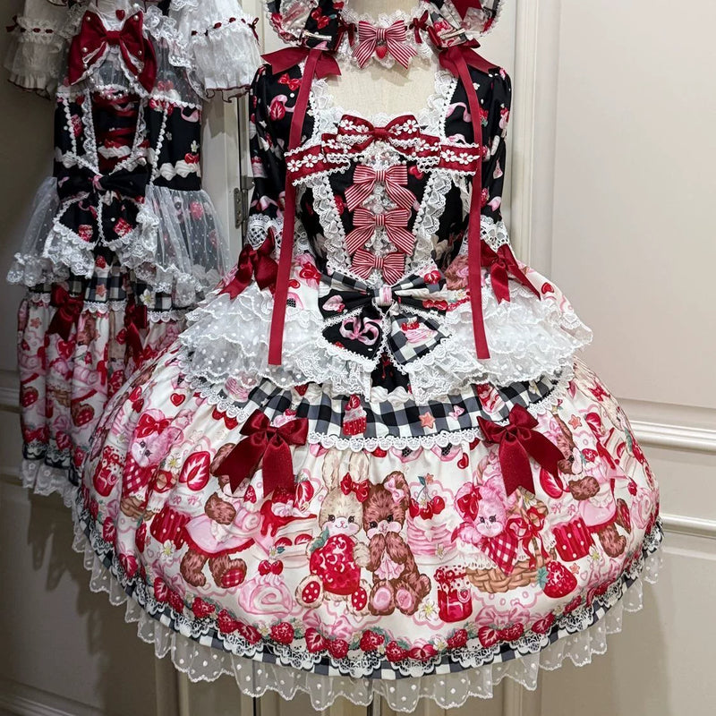 Tiantian - Strawberry - Long-Sleeved OP Dress with Lace Bows
