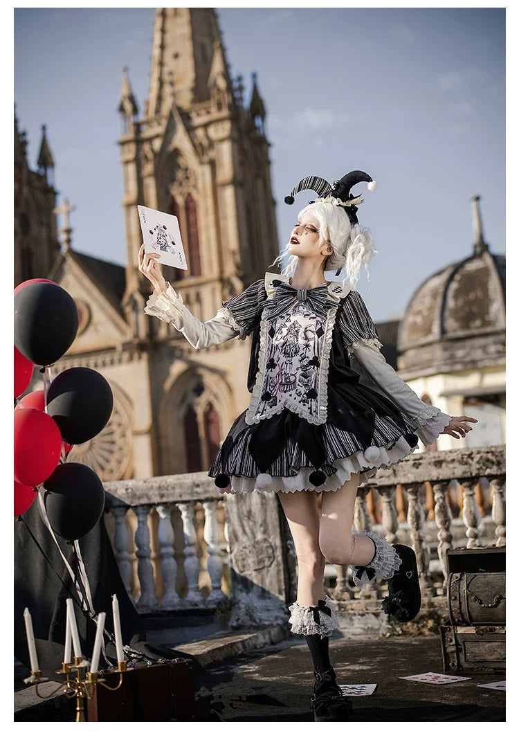 With PUJI - Puppet Mask - Clown Inspired Gothic Lolita OP Dress, Loose Fit