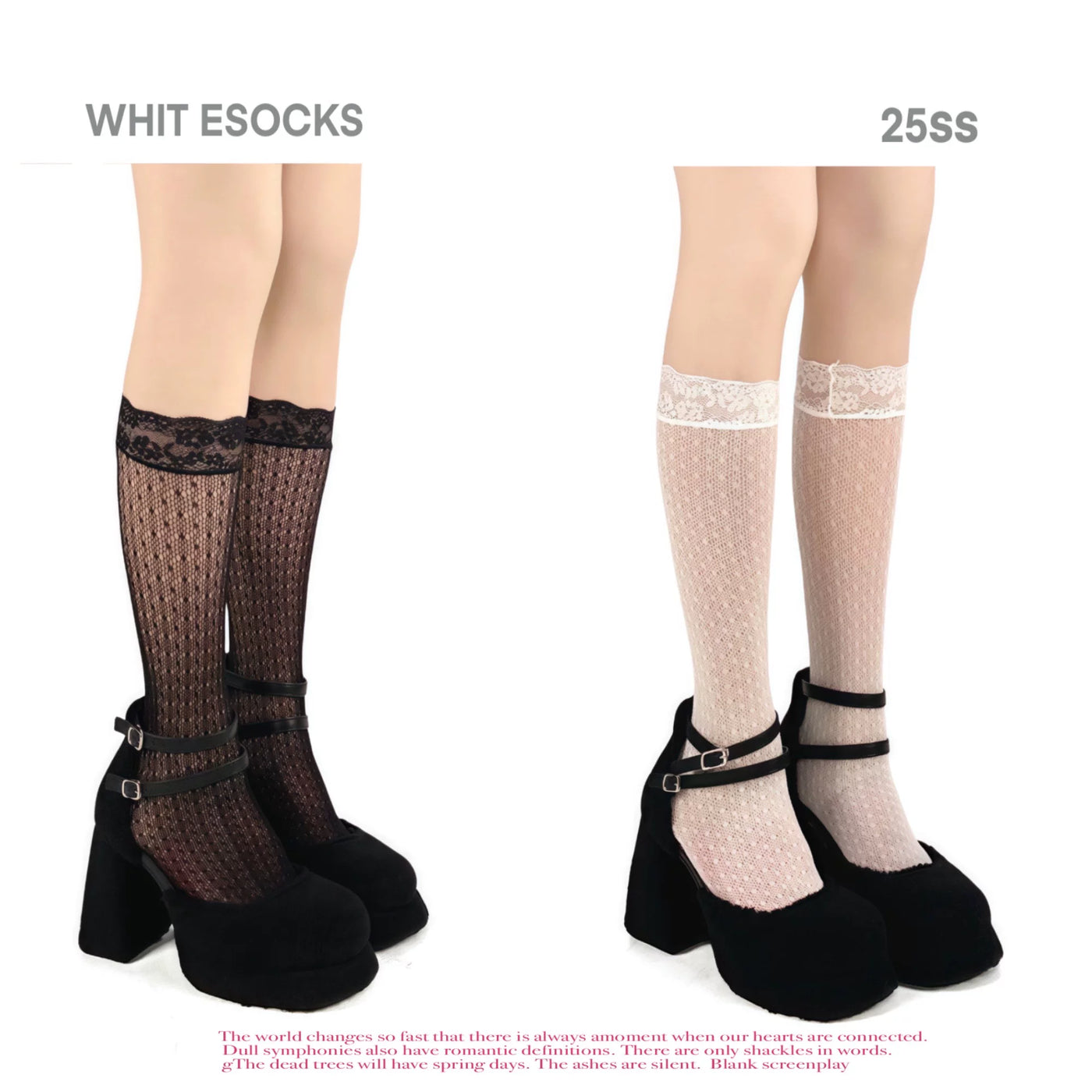 White and black openwork lace slouch socks styled with black Mary Jane shoes