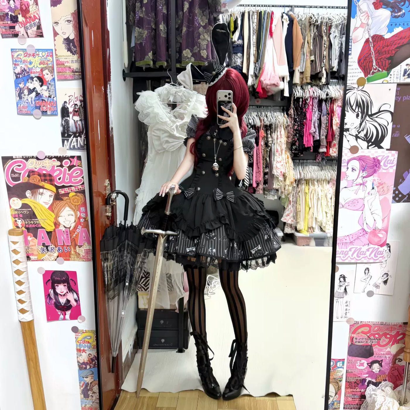 Creamy - Dark Gothic Stripe - JSK set with striped puff sleeves