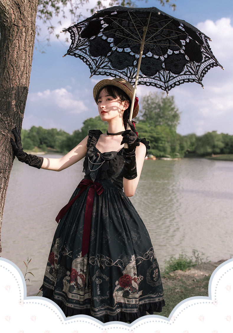 With PUJI - Nightingale and Rose - Classic Lolita Chiffon Dress, Rose & Birdcage Print