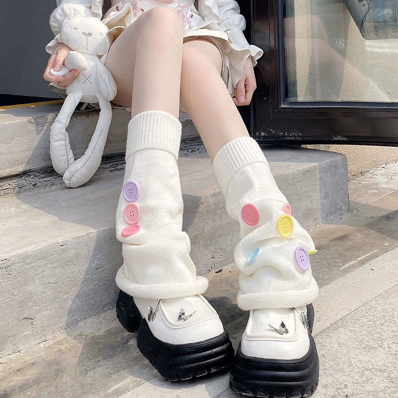 Floral Milk Cat - Buttoned Slouch - Leg Warmers with Button and Plain-Knit Styles