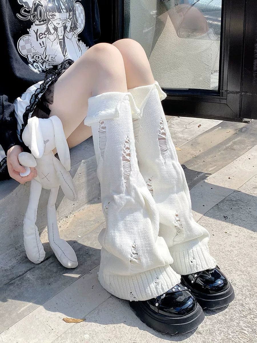 Floral Milk Cat - Ripped Knit - Long Knit Leg Warmers with Ripped-Hole Detail