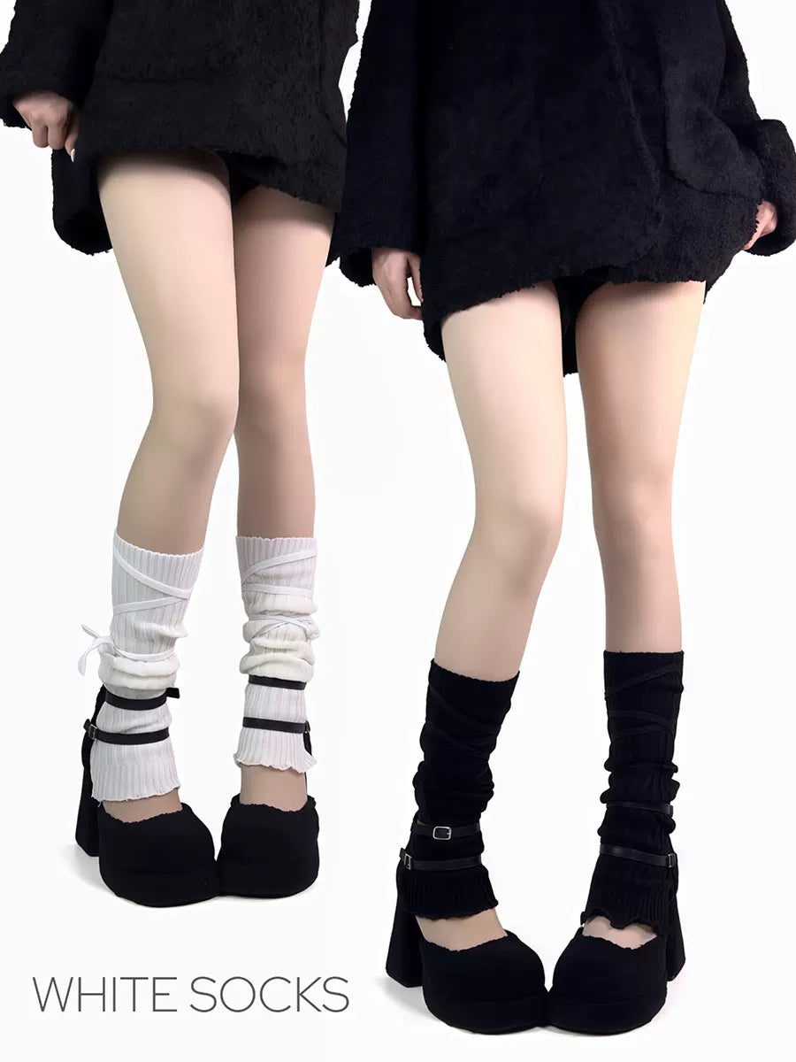 White Socks - Ballet Strap - Ribbed Leg Warmers with Wraparound Strap Details