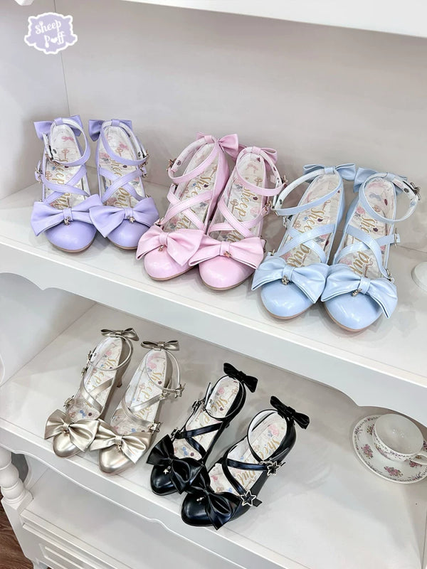 Sheep Puff Starry Dream Lolita heels featuring a starry pattern, pastel colors, and decorative bows on elegant shoes.