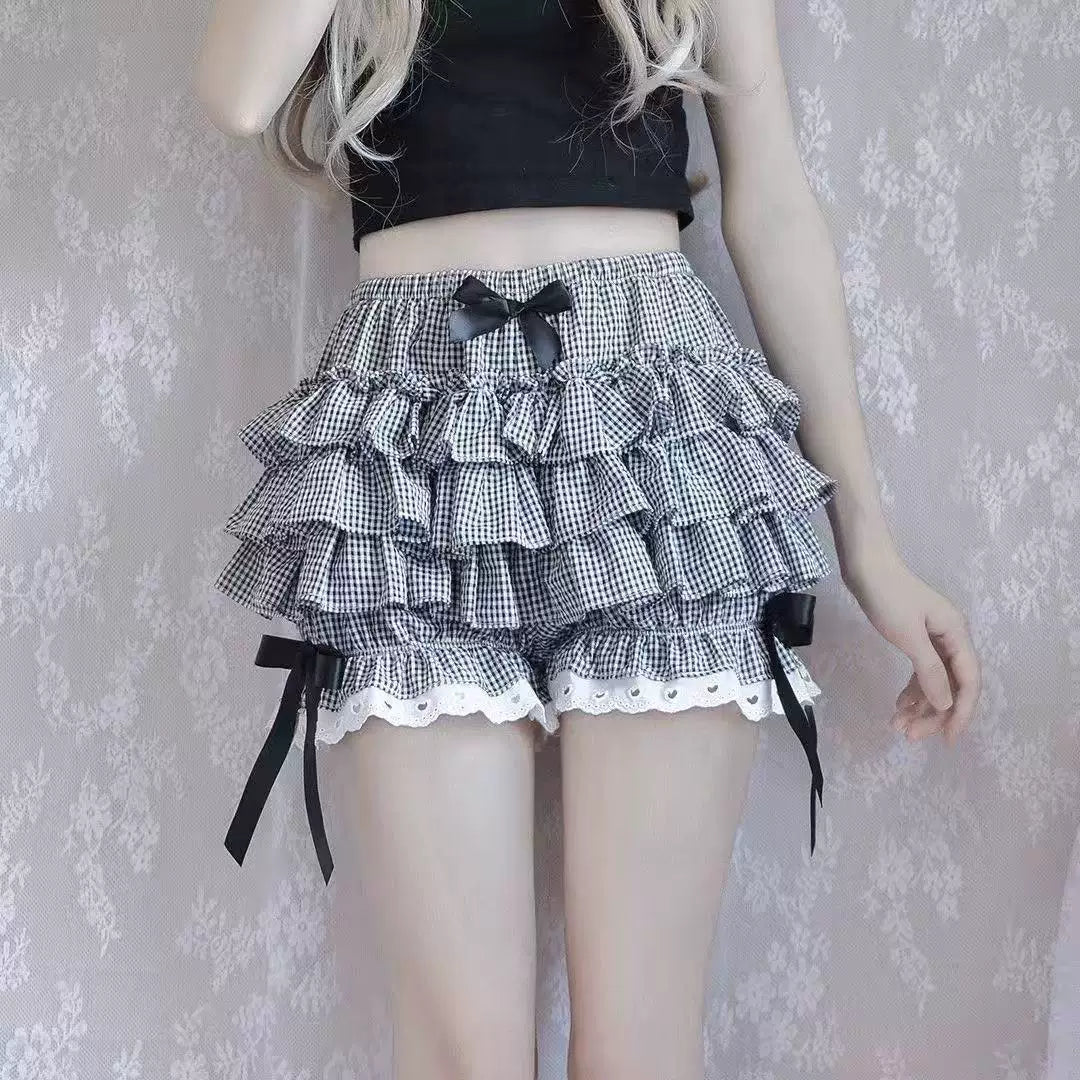 Sweetheart Dream Machine - Gingham Ruffle - Black-and-White Plaid Tiered Skort with Lace Hem