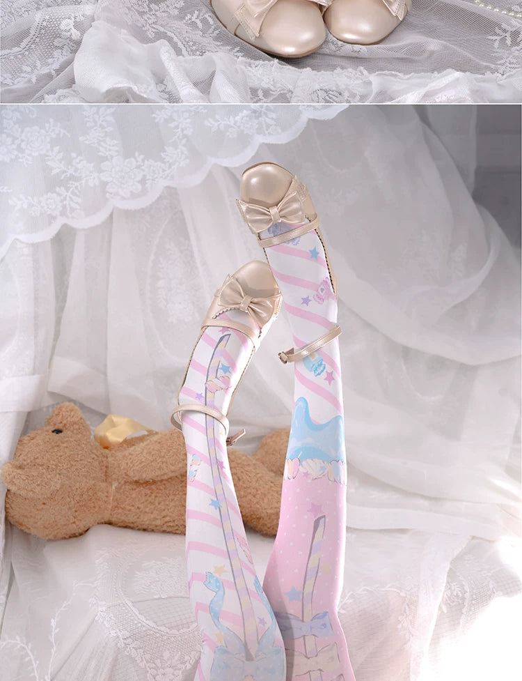 roji roji - Holy Scepter - Printed Velvet Over-the-Knee Socks with Bow and Star Motifs