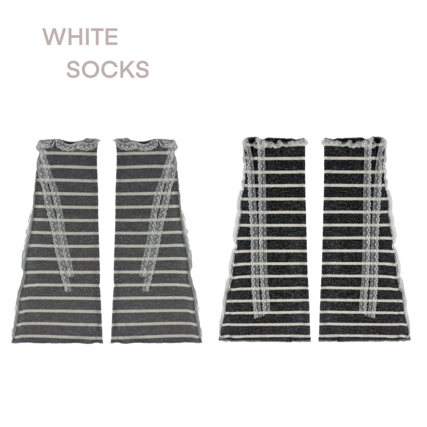White Socks - Lace Stripe - Striped Slouch Socks with Lace Trim and Ties