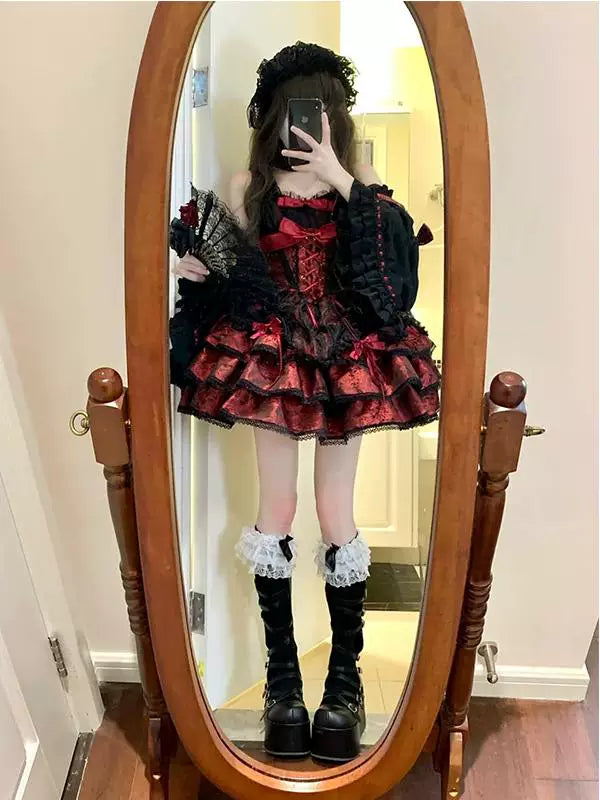 Creamy - Black-Red Ballet - JSK with corset lacing and layered bow detailing