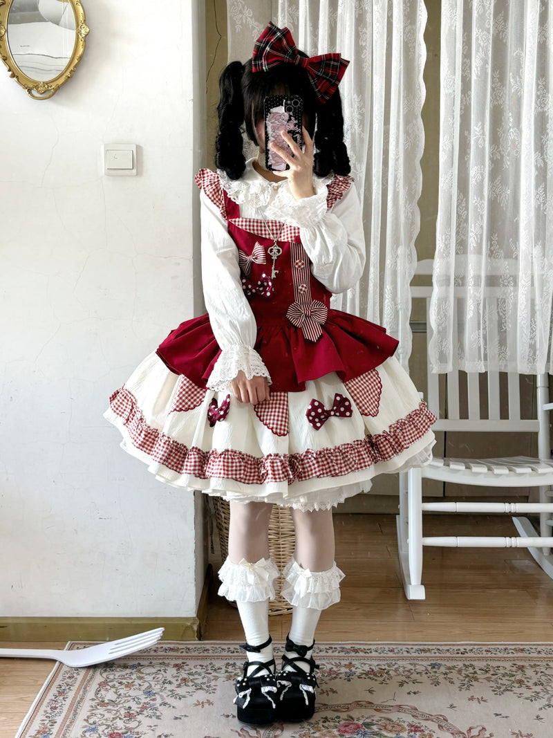 White Tea Story - Sweet Lolita - Tiered gingham check skirt with bow