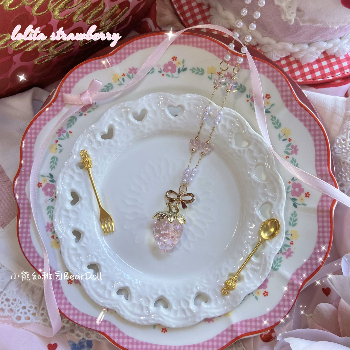 Bear doll - Strawberry Charlotte - Beaded Strawberry Necklace with Bow Detail - Pink Strawberry