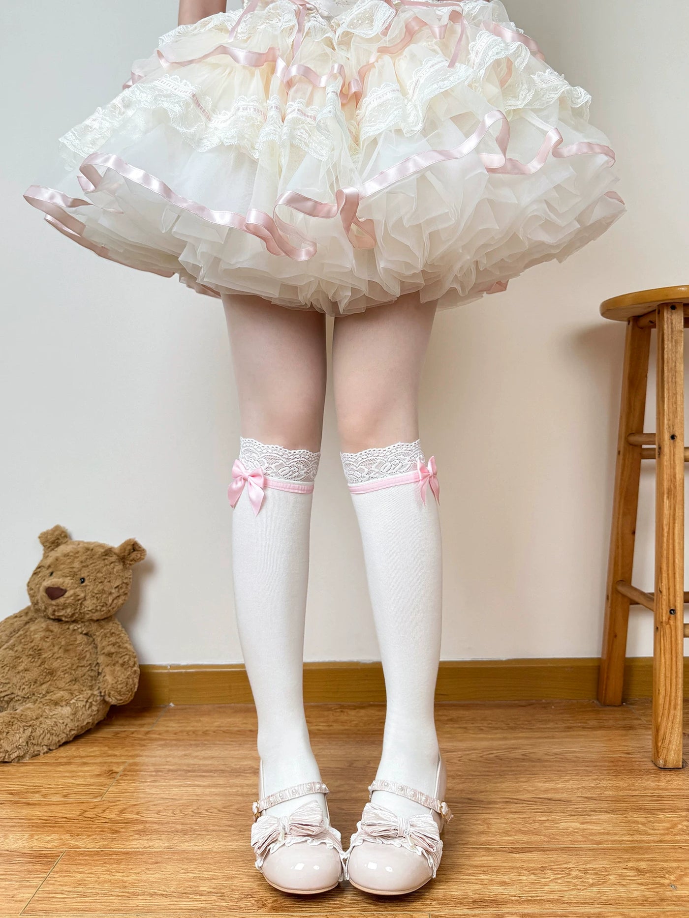 Chubby Bear Tales - Doll Side Bow - White Socks with Flocked Side Bows in Three Lengths