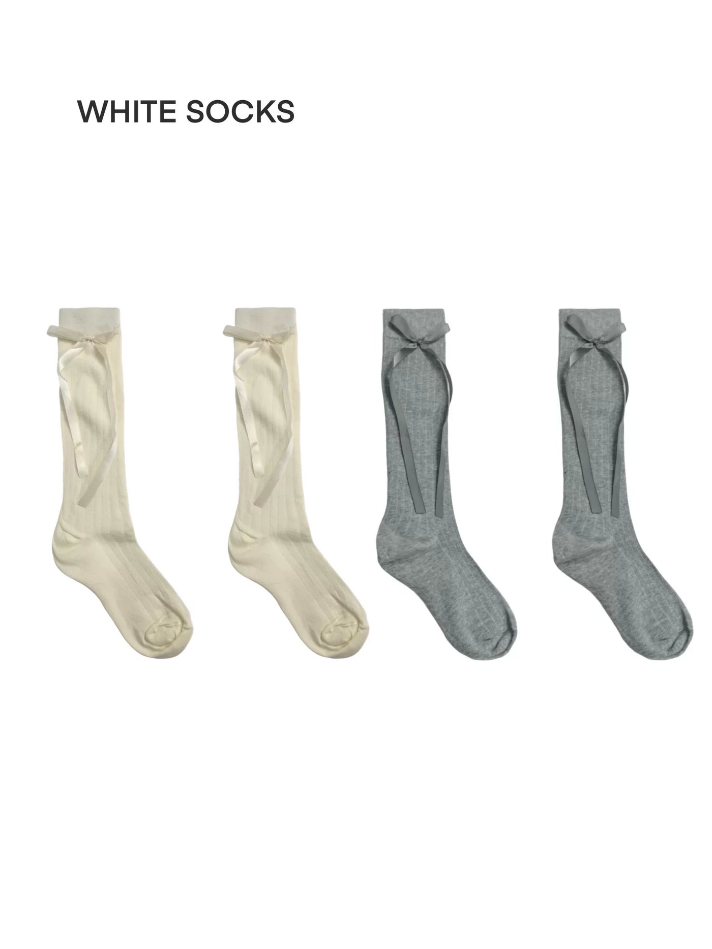 White Socks - Ribbon Bow - Slouch Mid-Calf Socks with Cuffed Bows