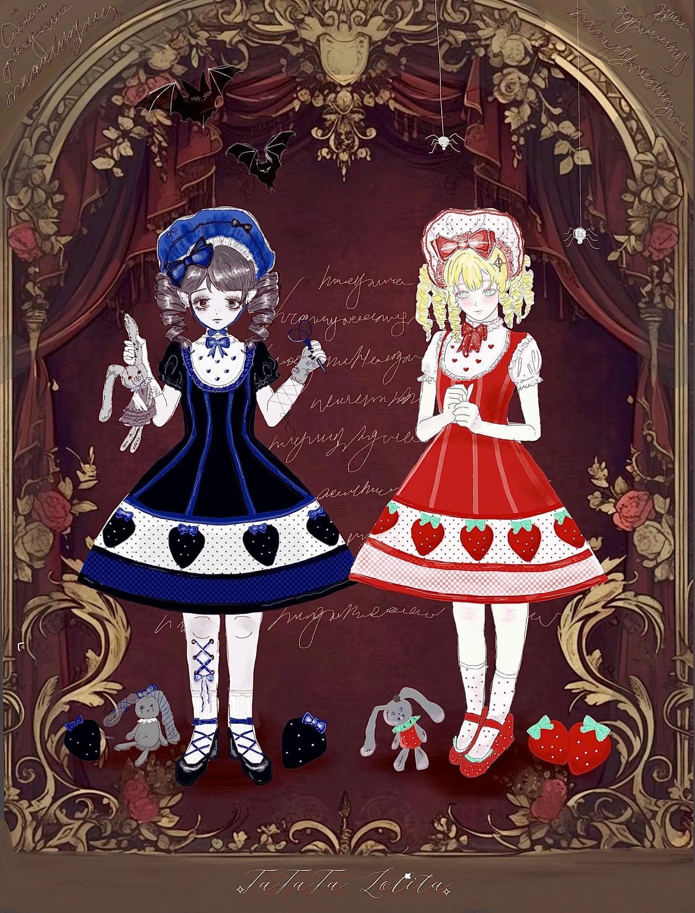 Tata Long Ear - Miss Strange Strawberry - JSK Dress with Strawberry Border Motif