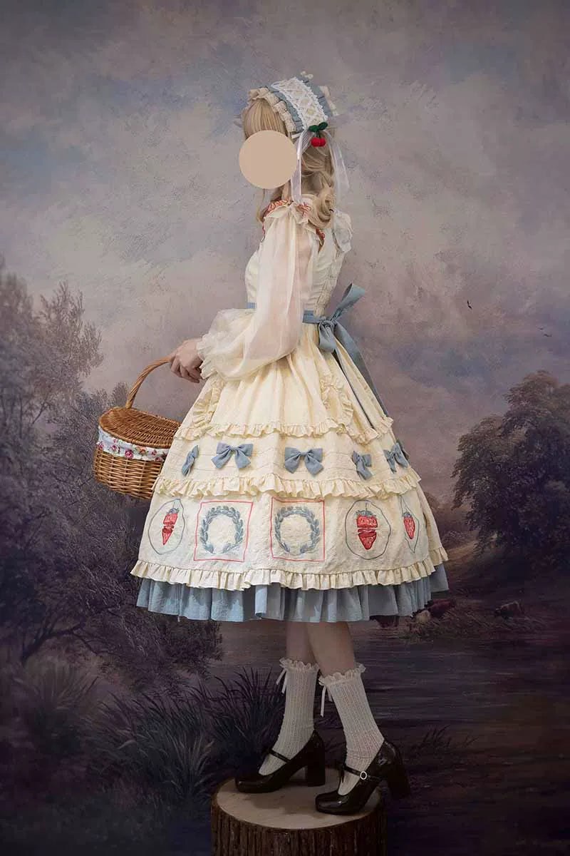 Natural cream Strawberry Jam JSK with blue bows and strawberry motifs