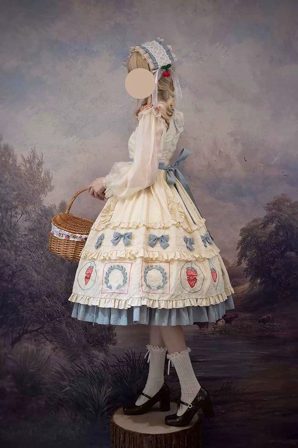Natural cream Strawberry Jam JSK with blue bows and strawberry motifs