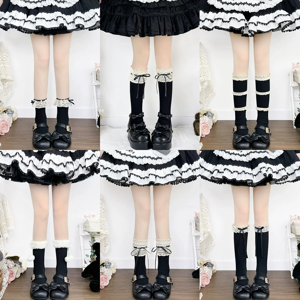 Floral Milk Cat black socks shown in multiple lace, bow, velvet, and pom-pom designs