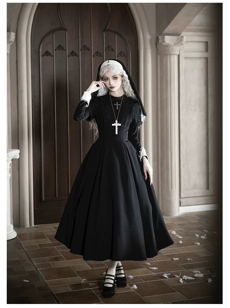 With PUJI - Nihil - Gothic Nun Lolita OP Dress, Irregular Hem Cape
