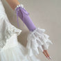 Purple hand sleeves, white lace trim