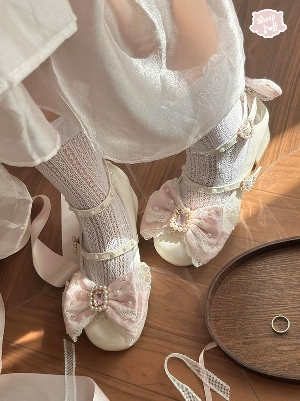Sheep Puff Lace Romance mid heel Lolita shoes featuring delicate lace details and a charming, vintage-inspired design.