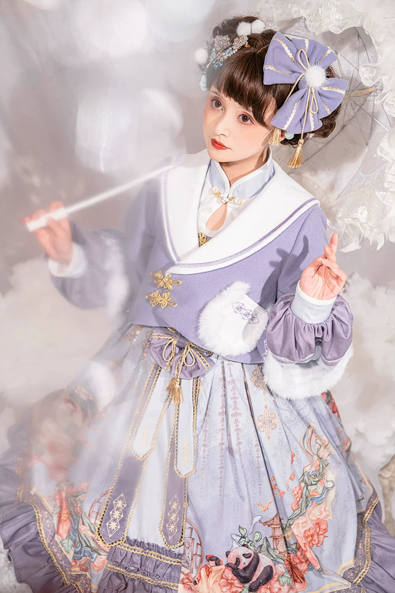 Baozi Pig - Spring Dawn - Chinese-Style OP Dress Set with Gold Trim