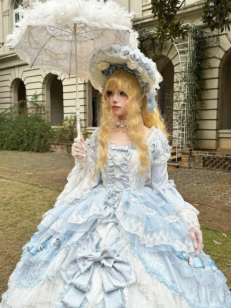 Same powder blue Lolita gown with optional detachable sleeves, front view
