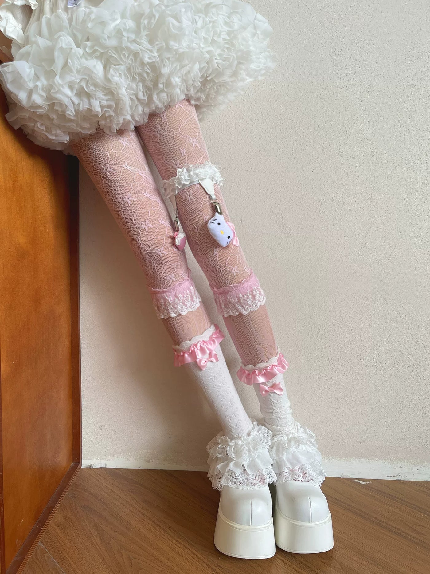 Sock Noble - Barbie Pink - Tights, Sock Covers or Clip Ring with Layered Lace and Bows
