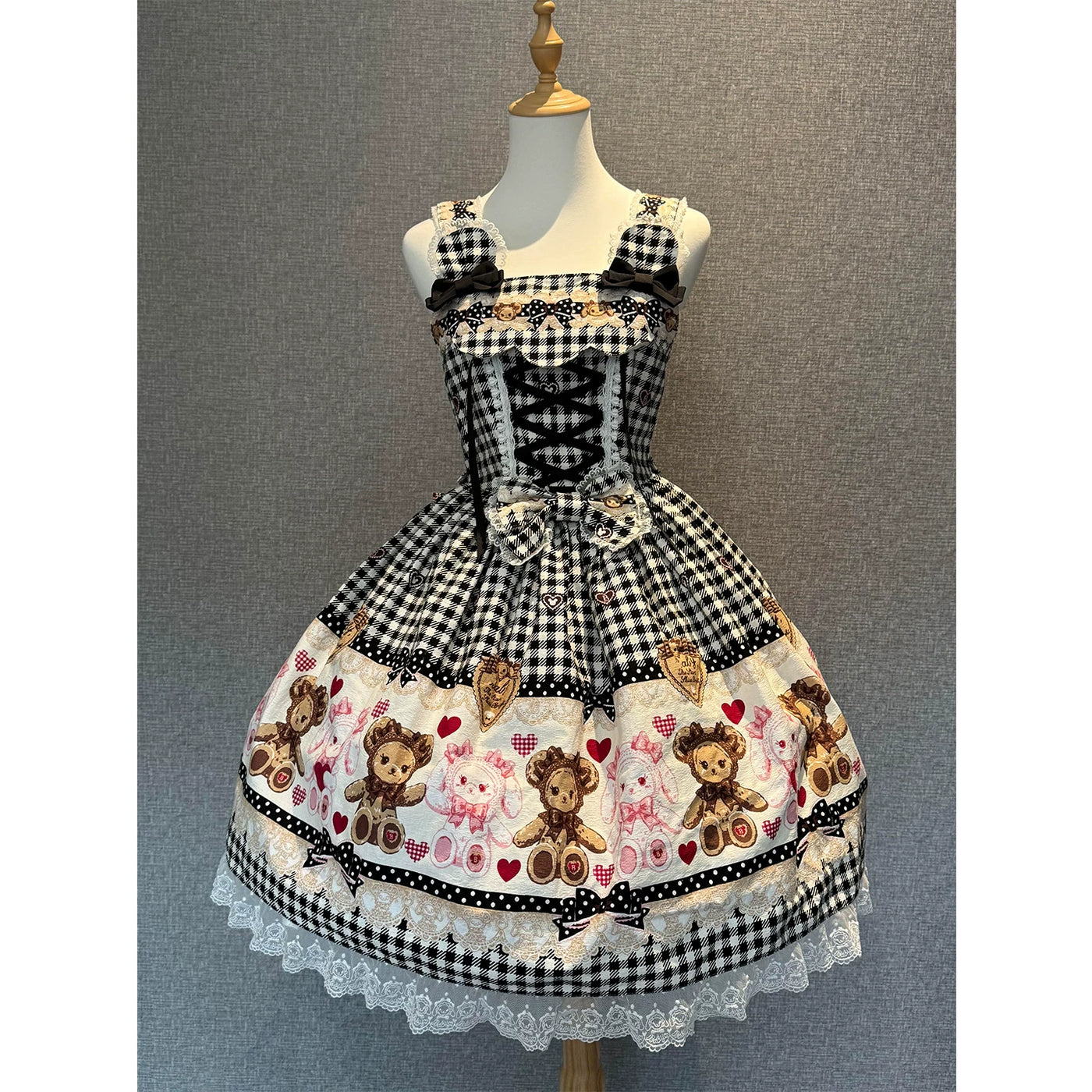 Creamy - Bear Plaid - JSK with a bear print skirt panel