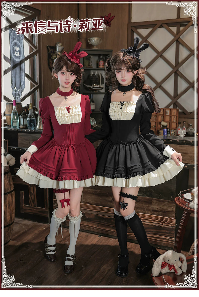 With PUJI - Lia - Classic Lolita OP Dress, Ruffle Trim & Square Neckline detail view 6