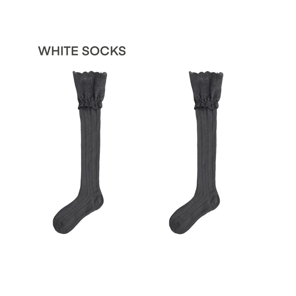 White Socks dark-gray mid-calf socks with vertical texture and lace cuffs