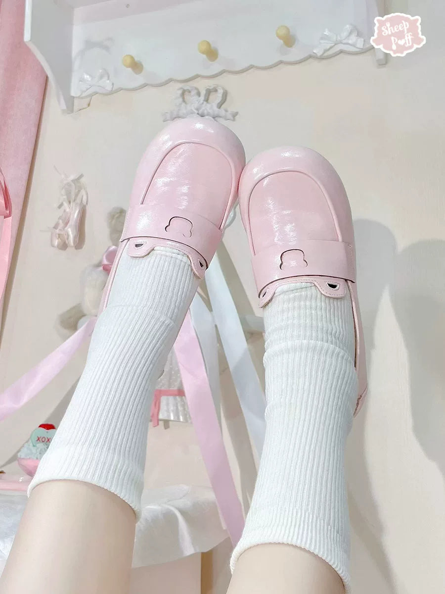 Sheep Puff Bear Bread Lolita Shoes featuring cute bear and bread design, pastel colors, and elegant lace details.